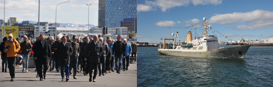 gengið frá skúlagötu og Bjarni Sæmundsson siglir frá Reykjavík