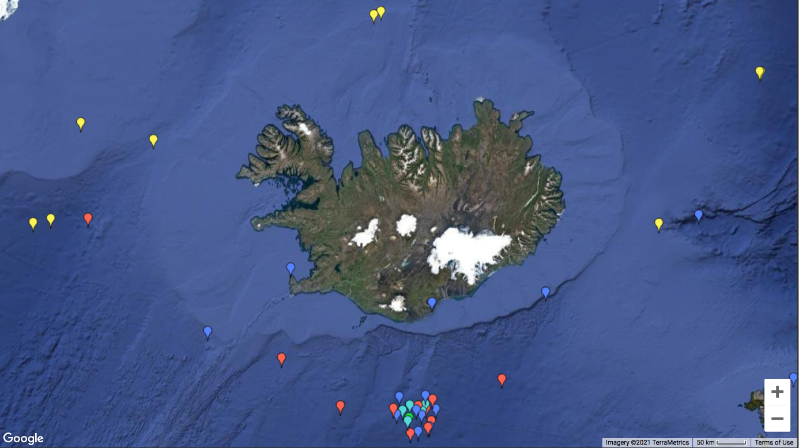 kort af virkum yfirborðsduflum í arpíl 2021