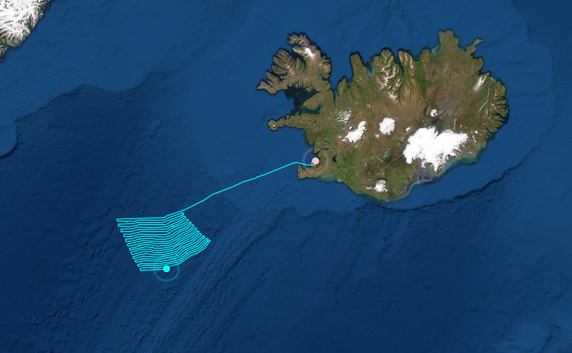 mynd af yfirferð skipsins í kortlagningarleiðangri 2022