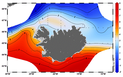 Sjávarhiti (°C) á 50 m dýpi í hafinu umhverfis Ísland, í febrúar 2023.  