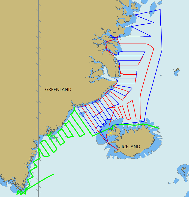 Mynd 1. Leiðangurslínur rs. Bjarna Sæmundssonar, Árna Friðrikssonar og EROS í september 2018.