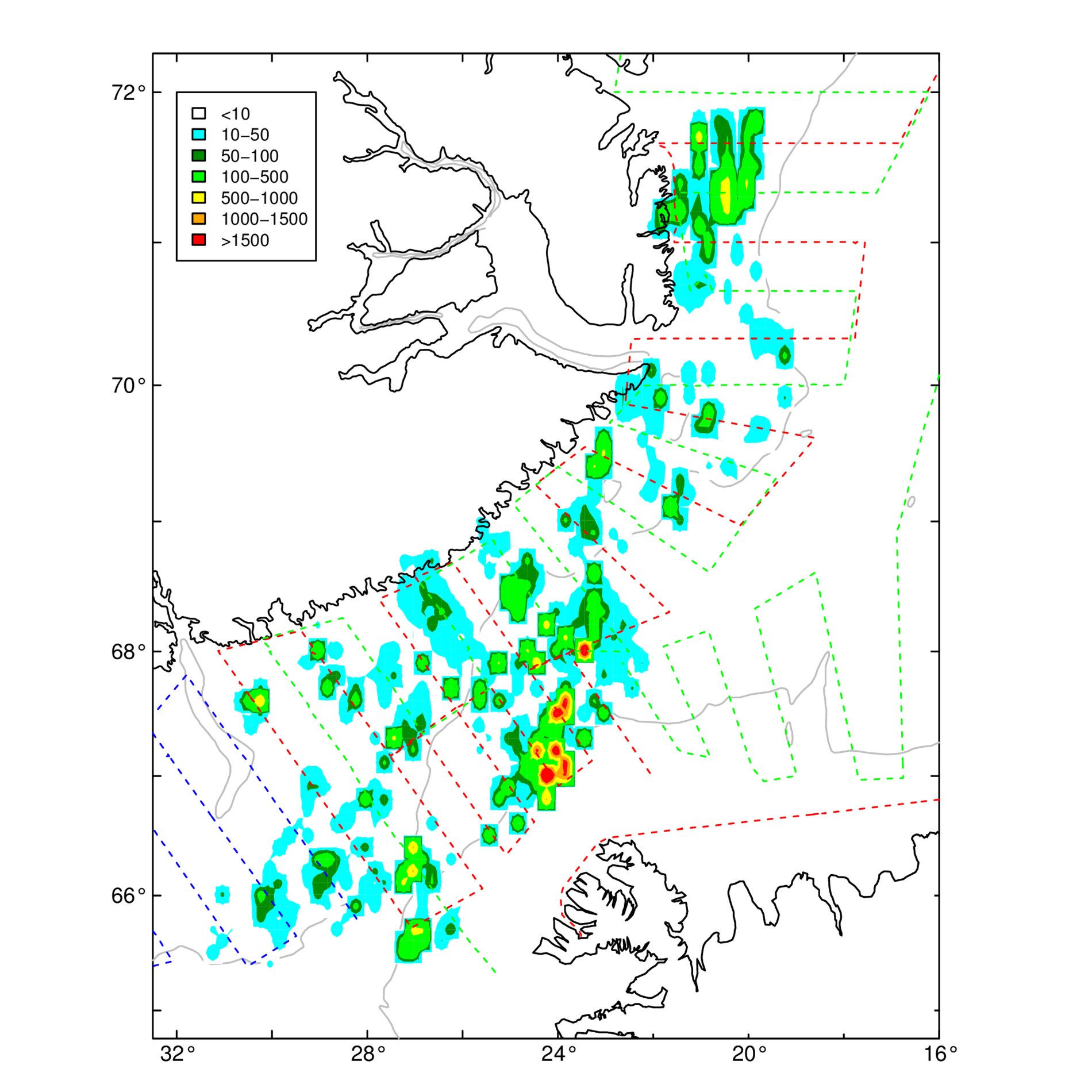 Mynd 2.  Útbreiðsla loðnu í september 2018.