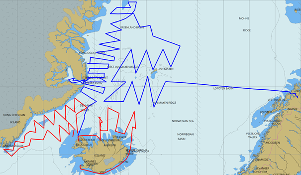 Leiðangurslínur rs. Bjarna Sæmundssonar og Árna Friðrikssonar Leiðangurslínur rs. Bjarna Sæmundssonar og Árna Friðrikssonar