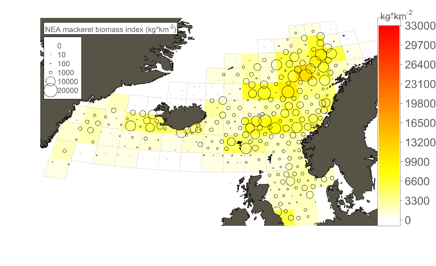 Mynd 2. Vísitala á magn makríls reiknuð fyrir reiti (2 breiddargráður og 4 lengdargráður sumarið 2018. Enginn makríll mældist í hvítum reitum og gulur-rauður litakvarðinn táknar breytileika í magni. Stærð hringja sýnir magn makríls á togstöðvum sem tonn/km2.