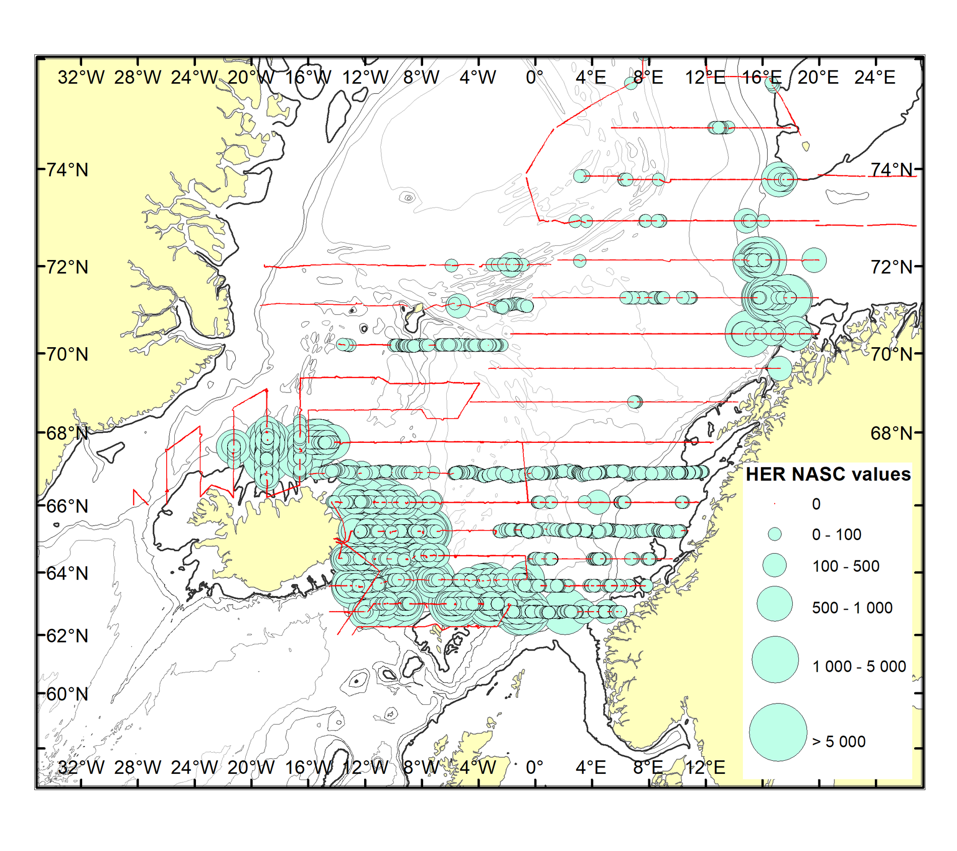 Mynd 3. Útbreiðsla og magn (bergmálsgildi) norsk-íslenskrar vorgotssíldar sumarið 2018. 