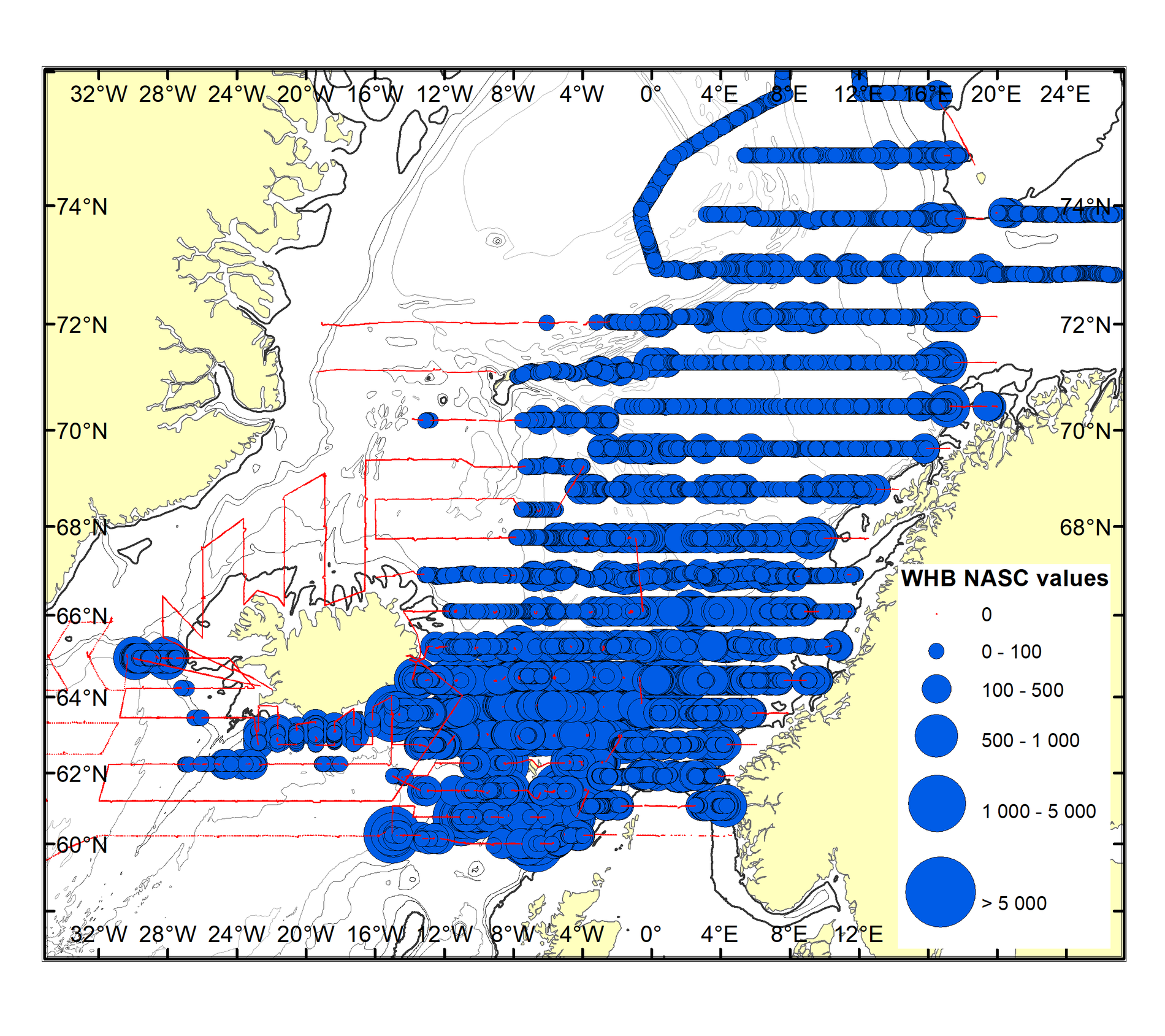 Mynd 4. Útbreiðsla og magn kolmunna sumarið 2018.