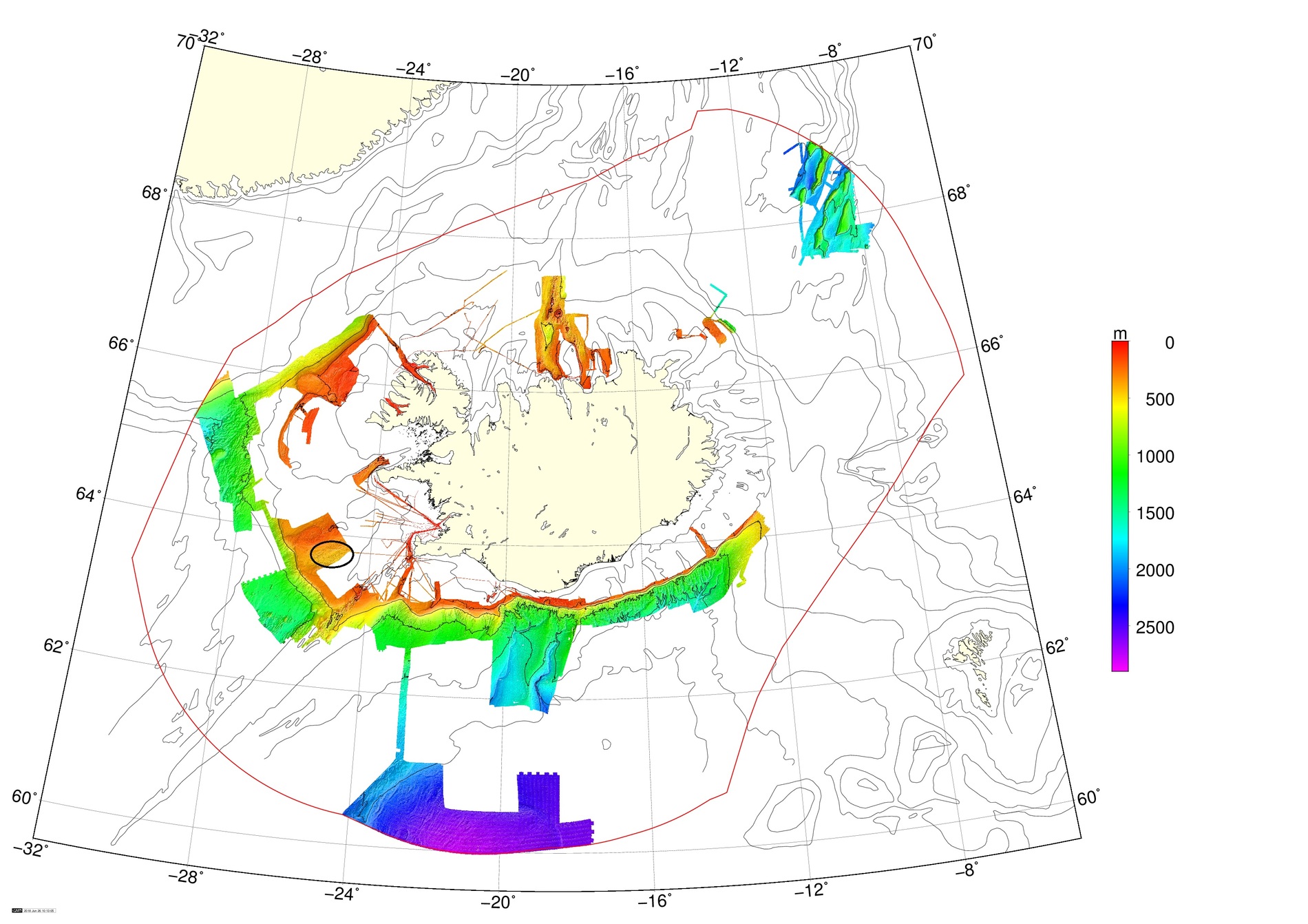Mynd 1. Yfirlit fjölgeislamælinga Hafrannsóknastofnunar, frá árinu 2000 og fram til 21. júní 2018. Alls liðlega 145 þús. km2. Mynd 1. Yfirlit fjölgeislamælinga Hafrannsóknastofnunar, frá árinu 2000 og fram til 21. júní 2018. Alls liðlega 145 þús. km2.