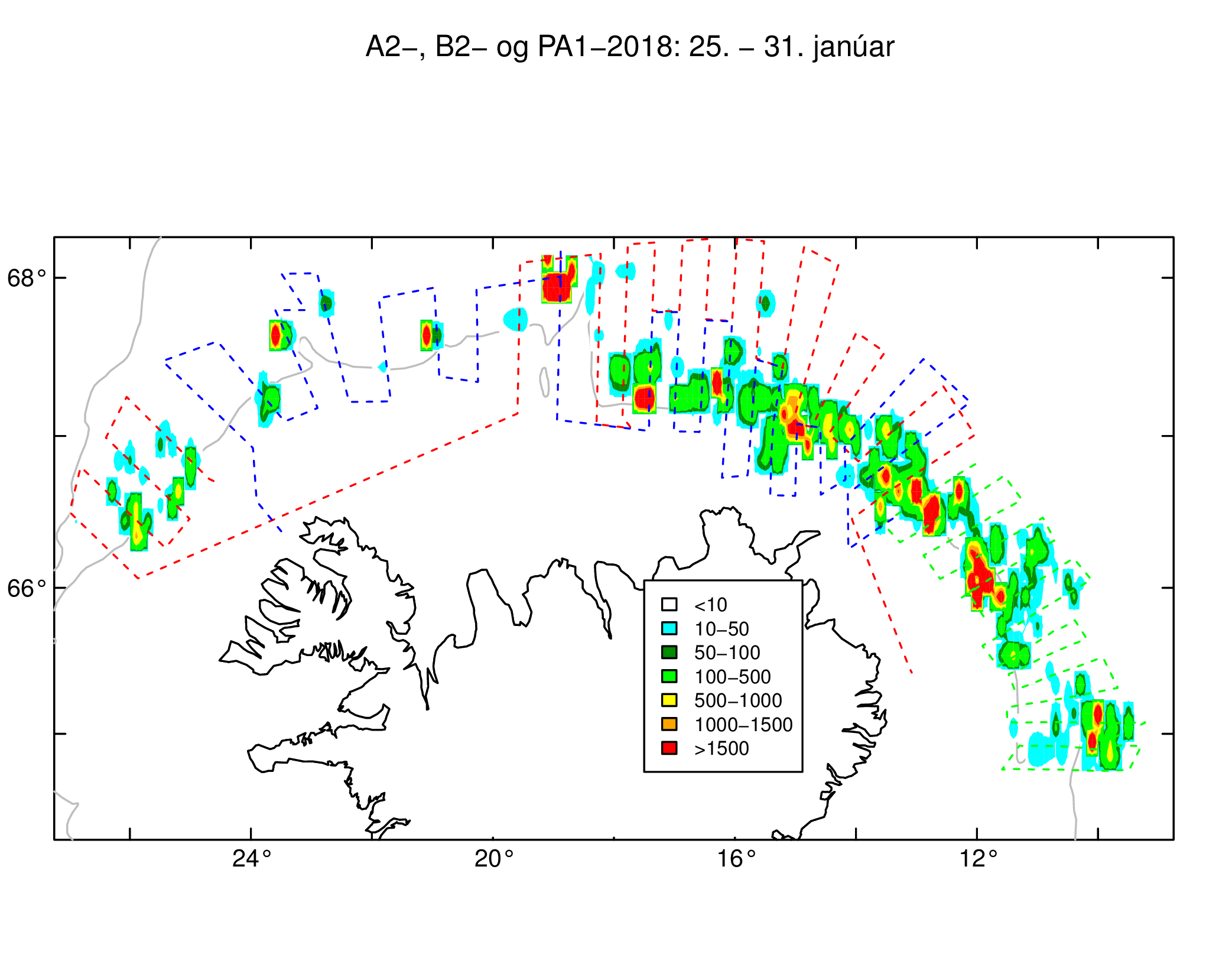 Mynd 2. Útbreiðsla loðnu og leiðarlínur rs. Bjarna Sæmundssonar, rs. Árna Friðrikssonar og uppsjávarskipsins Polar Amaroq dagana 25. – 31. janúar. Mynd 2. Útbreiðsla loðnu og leiðarlínur rs. Bjarna Sæmundssonar, rs. Árna Friðrikssonar og uppsjávarskipsins Polar Amaroq dagana 25. – 31. janúar.