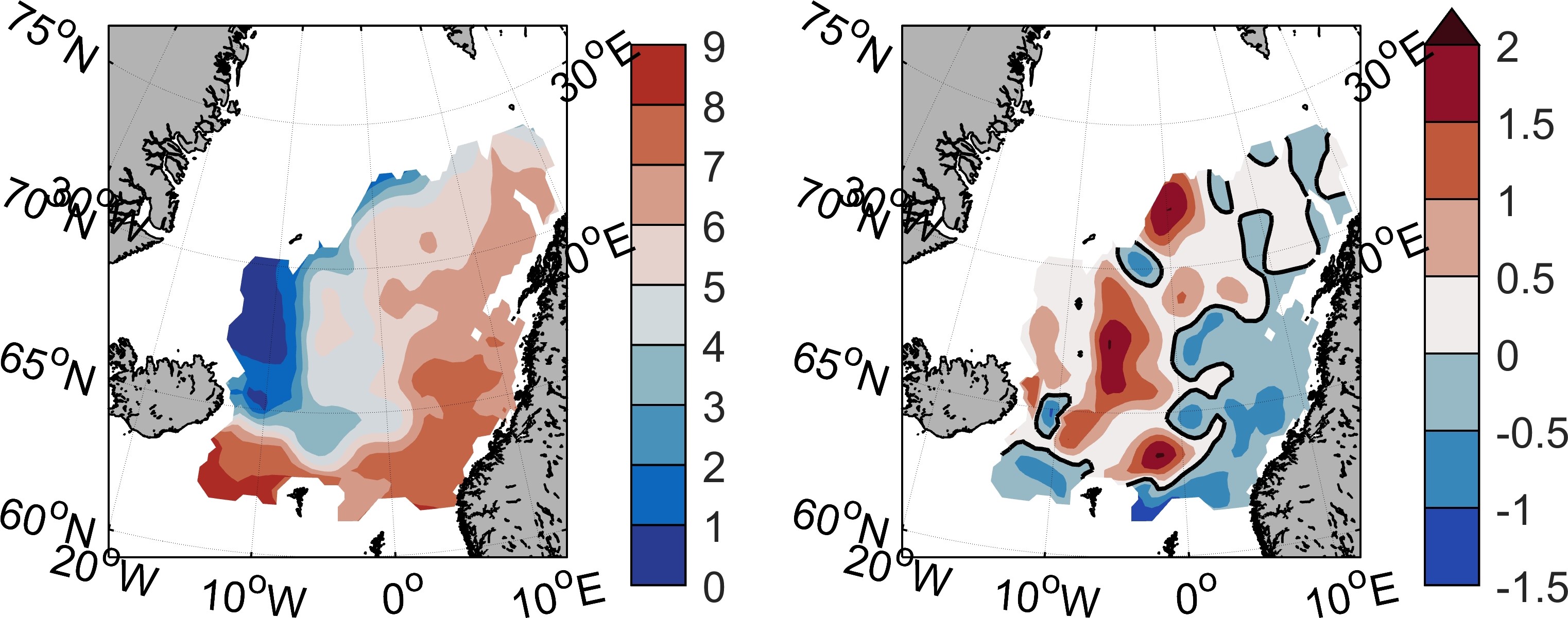 Mynd 5. Hitastig sjávar (til vinstri) og frávik í hitastigi frá meðaltali áranna 1995-2017 (til hægri) á 50-200 m dýpi í maí 2018. Mynd 5. Hitastig sjávar (til vinstri) og frávik í hitastigi frá meðaltali áranna 1995-2017 (til hægri) á 50-200 m dýpi í maí 2018.