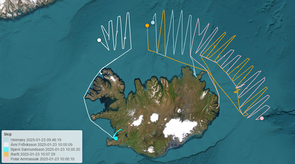 Yfirferð skipa í loðnumælingum dagana 16.-24. janúar 2025.