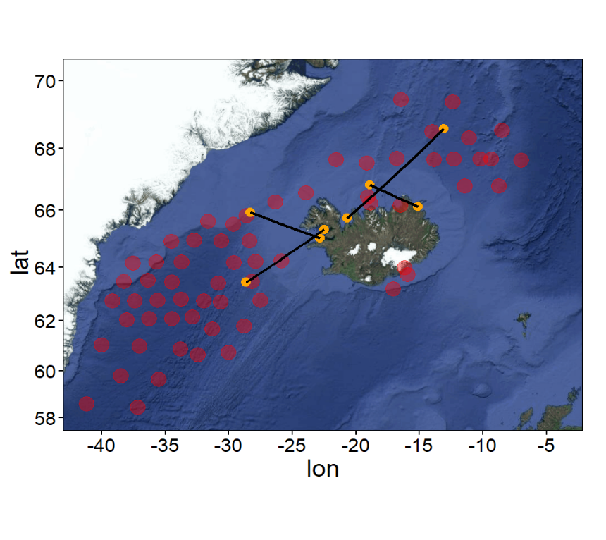 Mynd 1. Staðsetning merktra hrognkelsa í makrílleiðangri árið 2019. Appelsínugulir punktar sýna stað…