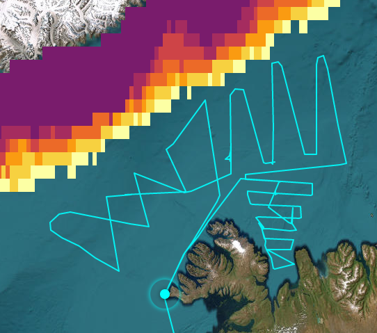 The survey tracks of Árni Friðriksson during 12-21 February 2023 and location of sea ice northwest o…