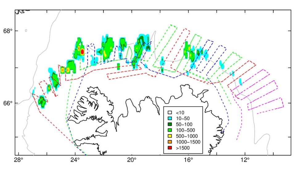 Survey tracks and distribution of capelin in January 2024 shown as acoustic values. Research vessels…