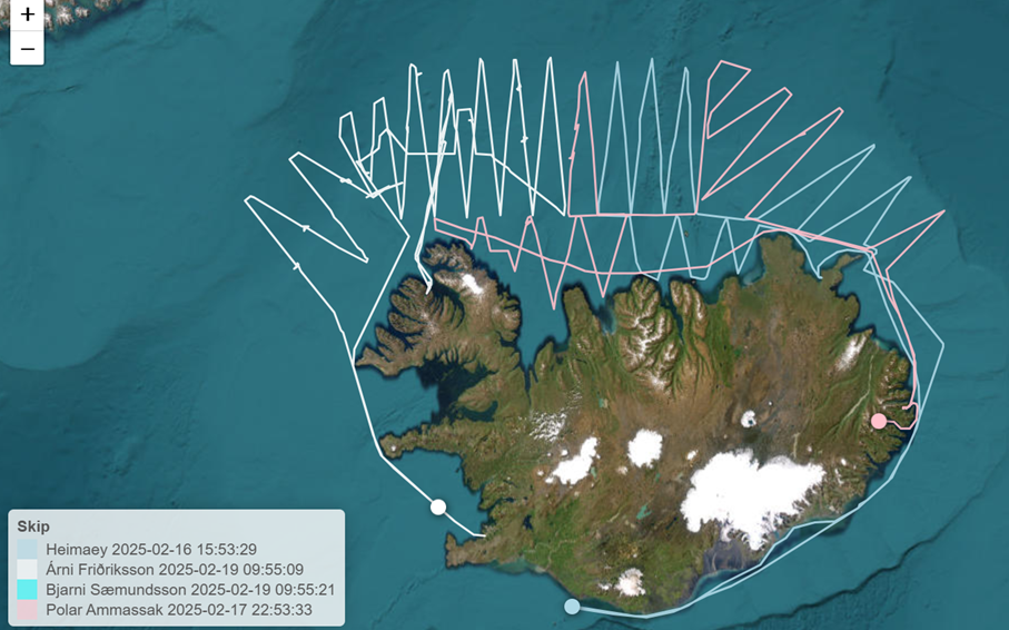 Mynd 1. Yfirferð skipa í loðnumælingum dagana 8.-19. febrúar 2025. 
Athugið, hægt er að smella á my…