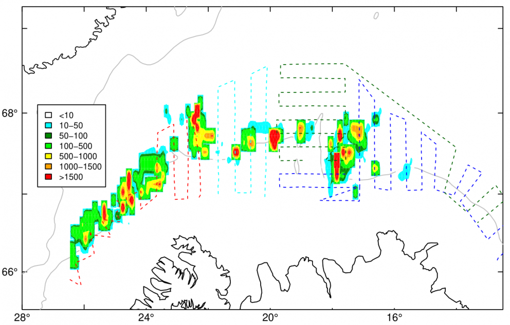 Leiðangurslínur og dreifing loðnu í desember 2020