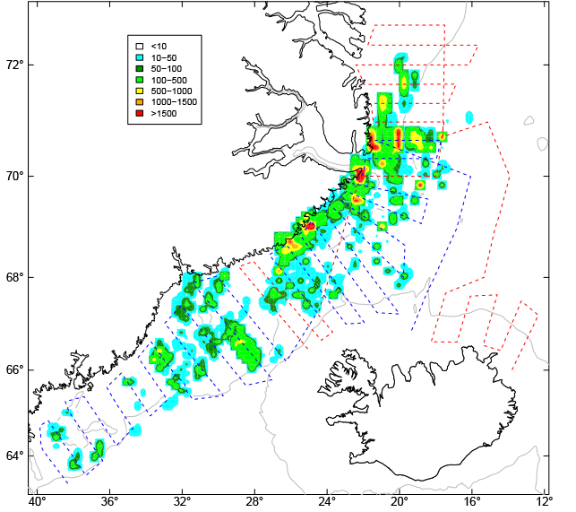 Leiðangurslínur rs. Árna Friðrikssonar (rauðar) og rs. Tarajoq (bláar) í ágúst -september 2022 ásamt…