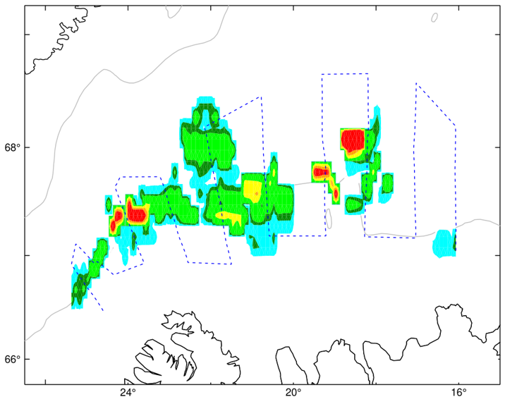 Útbreiðsla loðnu samkvæmt könnun á Polar Amoroq 20.-25. nóvember. Á eystri hlutanum var hrygningarlo…
