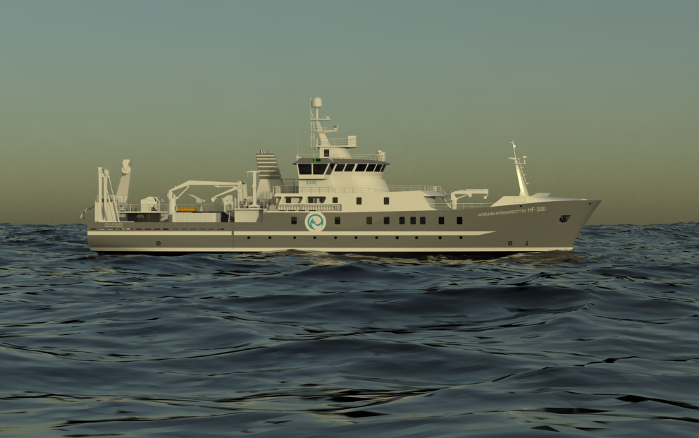 Tölvumynd af nýju rannsóknarskipi sem mun bera nafn Þórunnar Þórðardóttur. Mynd frá Verkfræðistofunn…