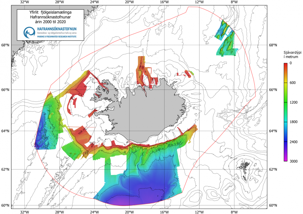Á myndinni má sjá þau svæði sem hafa verið kortlögð með fjölgeislamælingum á vegum stofnunarinnar á …