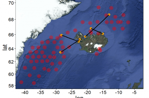 Mynd 1. Staðsetning merktra hrognkelsa í makrílleiðangri árið 2019. Appelsínugulir punktar sýna stað…