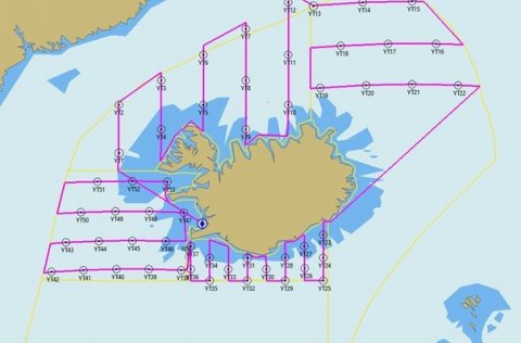 Leiðarlína Árna Friðrikssonar (bleik lína) og fyrirfram ákveðnar yfirborðstogstöðvar (opnir svartir …