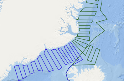 Áætlaðar leiðarlínur rannsóknaskipanna Bjarna Sæmundssonar (bláar línur) og Árna Friðrikssonar (græn…