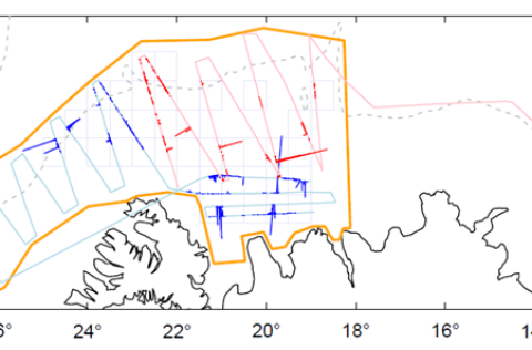 Figure 1. Polar Ammassak (pink) and Aðalsteinn Jónsson (blue) survey tracks during 24 February to 1 …