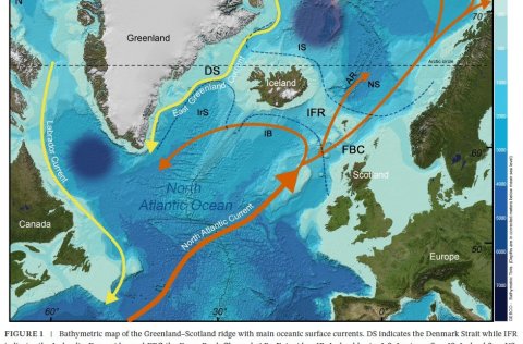 Dýptarmælingakort af Grænland-Skotland hryggnum ásamt helstu hafstraumum.