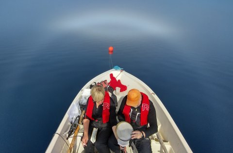Sýnataka undir þokuboga á Þingvallavatni.