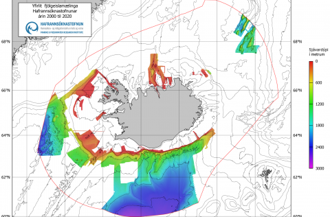 Á myndinni má sjá þau svæði sem hafa verið kortlögð með fjölgeislamælingum á vegum stofnunarinnar á …